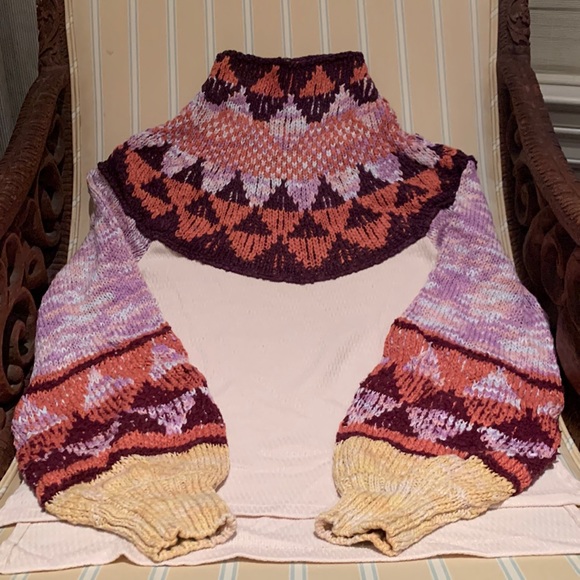 FREE PEOPLE CROCHET TURTLENECK SWEATER IN FEMME COMBO LONG PUFF SLEEVES - Picture 9 of 15